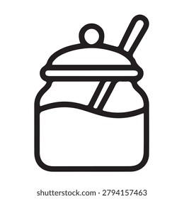 A clean, flat-line illustration of a jar with a spoon and lid, evoking homemade food storage.