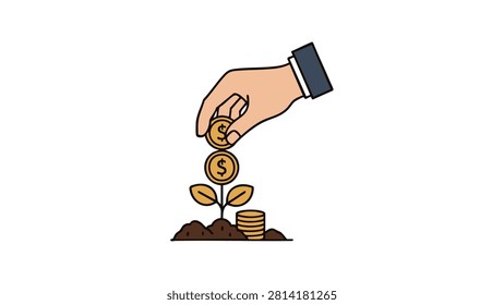 A clean flat-line vector illustration representing financial growth and smart investment. A hand in a professional suit sleeve is shown carefully planting gold dollar coins onto a growing sprout rooted in soil. This concept art symbolizes capital appreciation, wealth creation, long-term savings, and business success, making it ideal for finance-themed projects and economic presentations.