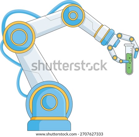 A clean, flat-style 2D vector illustration of a robotic arm (manipulator) in a lab, precisely grasping a green-filled test tube.