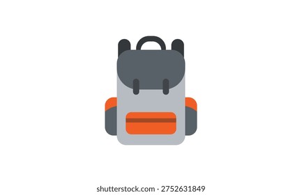 A clean, flat-style backpack icon featuring a gray and orange color palette. Perfect for projects related to trekking, travel, education, camping, and outdoor gear