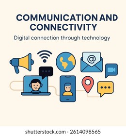 A clean flat-style banner illustrating communication and digital connectivity using vibrant modern icons and minimal text. 