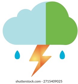 Ilustración limpia y plana de una nube dividida en mitades azul claro y verde, con un rayo naranja central y dos gotas de lluvia azules. Este gráfico moderno representa el Clima tormentoso, la meteorología, los truenos y la lluvia. Perfecto para interfaces de App de Clima, infografías educativas y proyectos de diseño ambiental simples