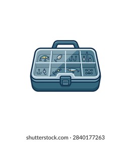 A Clean Flat-style Vector Illustration Of A Blue Fishing Tackle Box With Various Lures Hooks And Swivels Organized In Compartments On A White