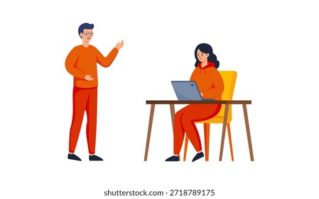 Una Ilustración vectorial de estilo plano y limpio de una discusión de negocios: un profesional masculino de pie y haciendo gestos para explicar ideas mientras una colega se sienta enfocada en su escritorio trabajando en una computadora portátil. Perfecto para el trabajo en equipo, la colaboración, la conversación en la oficina, la lluvia de ideas, la cultura de inicio, el trabajo remoto o los conceptos modernos de comunicación profesional. 