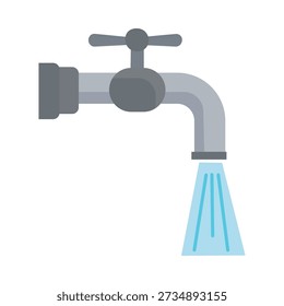 A clean, flat-style vector illustration of a classic grey metal water tap or faucet with running blue water. The design features a traditional cross-handle valve and a curved spout, rendered with subtle shading for a semi-3D effect. This professional graphic is perfect for plumbing services, water conservation campaigns, home improvement icons, or utility-themed web design.