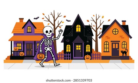 A clean, flat-style vector illustration featuring a friendly cartoon skeleton character trick-or-treating. The skeleton is wearing a purple cape and carrying a pumpkin bucket while walking along a sidewalk. The background consists of three colorful stylized houses in orange, purple, and black, decorated with jack-o'-lanterns and spiderwebs. Bare autumn trees, flying bats, and a black cat are visible in the scene.