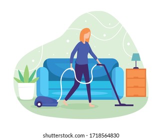 Clean the floor and carpet with a vacuum cleaner. Woman cleaning the dust with a vacuum cleaner. Wife cleans the house. Housewife, Housekeeping, Household themes. Vector illustration in flat style