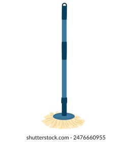 Clean floor mop with stick handle. Cleaning tool, washing rag, dust wiper, brush on pole. Housework, housecleaning item icon. Flat graphic vector illustration isolated on white background