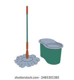 Clean floor mop with stick handle and bucket. Cleaning tool, washing rag, dust wiper, brush on pole. Housework, housecleaning item icon. Flat graphic vector illustration isolated on white background