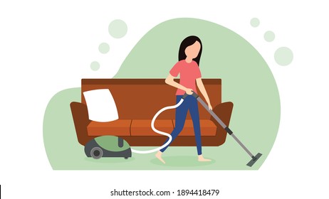 Clean the floor with a vacuum cleaner. Woman cleaning the dust with a vacuum cleaner. Housewife, Housekeeping, Household themes. Vector illustration in flat style
