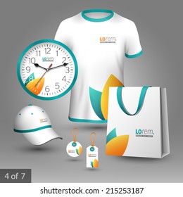 Clean floral promotional souvenirs design for company with blue and orange leaves. Elements of stationery.