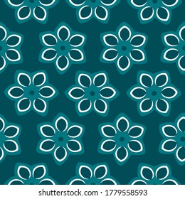 clean floral seamless pattern in night green color, fabric with repeating flowers, six well defined and symmetrical petals, simple monochrome background, vector illustration