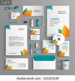 Clean floral stationery template design with blue and orange leaves. Documentation for business.