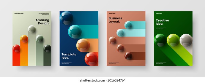 Clean flyer A4 design vector template composition. Minimalistic 3D spheres placard illustration bundle.