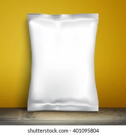 Clean foil packaging for food is against yellow wall. Blank white template packaging for snacks for your design, vector illustration