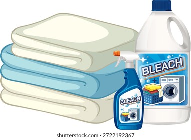 Toallas dobladas limpias con botellas de lejía Grandes y Pequeñas, estilo Vector plano, colores brillantes