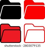 Clean folder icon set with black and red filled and outline variations, useful for file management, archive, document storage, office, data, and digital organization designs.