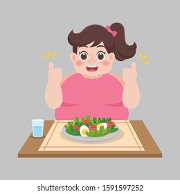 Clean food good health, Fat woman ready to eat vegetable salad, weight loss Healthcare concept cartoon.