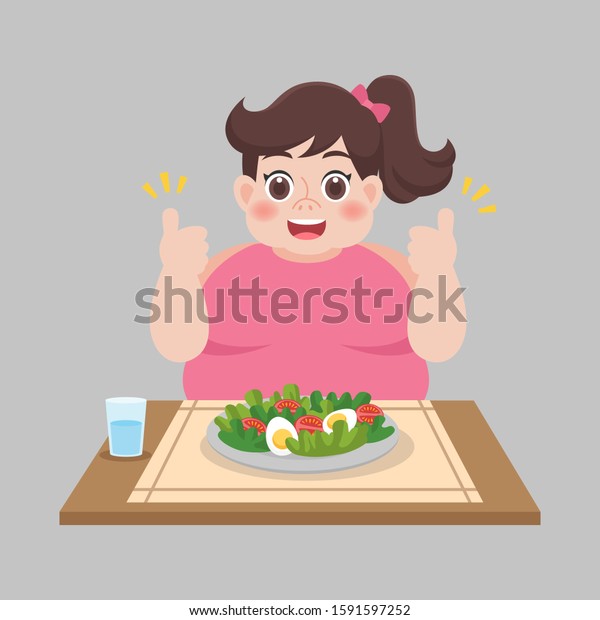 清潔な食べ物の健康 野菜サラダを食べるデブ女性 痩せた医療コンセプの漫画 のベクター画像素材 ロイヤリティフリー