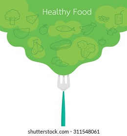 Clean food outline icons on green background concept, organic, nutrition, medicine, mental and physical health