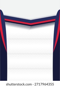 Patrón de jersey de fútbol limpio con una base blanca con paneles laterales de color azul marino, acentos rojos llamativos y detalles de semitono de chevron, ideal para kits de fútbol modernos y ropa de equipo.