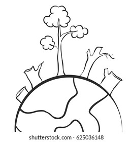 Clean forest on world hand draw vector illustration
