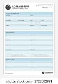 A clean form for customer information. Template document vector on real estate, finance credit mortgage. Collection client statistical studies.