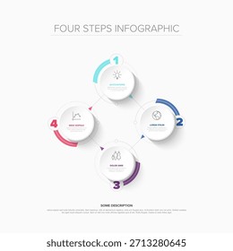 Um diagrama infográfico limpo de quatro etapas que mostra um processo de negócios em quatro etapas circulares. Este infográfico de quatro etapas representa visualmente etapas sequenciais ou estágios em um processo.