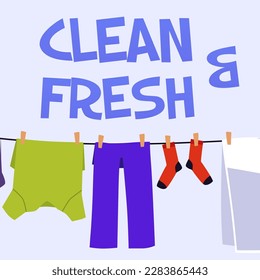 Clean and fresh laundry drying outside on rope, poster template - flat vector illustration. Laundry day concept. Laundromat service advertising banner.