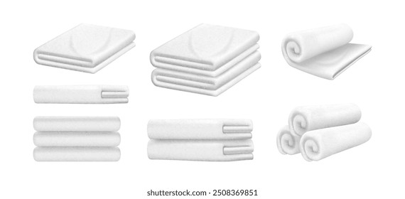 Clean fresh towels folded in heap. Vector isolated realistic pile or rolls of soft textile for hygiene. Home interior decoration for bathroom. Spa salon or massage, stack of clothes with copy space