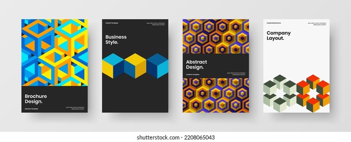 Clean front page vector design concept bundle. Amazing mosaic hexagons postcard template collection.