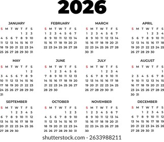 A clean and functional 2026 calendar design in English, showing all months with a clear day and date layout, ideal for planning, scheduling, and time management designs