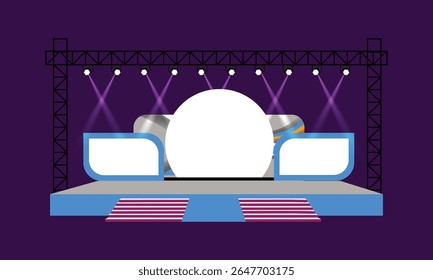 A clean, functional 2d stage setup designed for business conferences and corporate presentations. It highlights speakers, supports visual content, and maintains a sharp, professional look.
