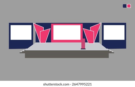 A clean, functional 2d stage setup designed for business conferences and corporate presentations. It highlights speakers, supports visual content, and maintains a sharp, professional look.