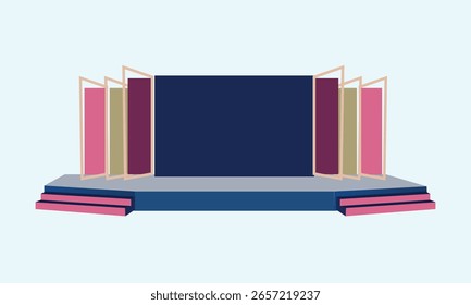 Uma configuração de estágio 2d limpa e funcional projetada para conferências de negócios e apresentações corporativas. Ele destaca alto-falantes, suporta conteúdo visual e mantém uma aparência nítida e profissional.