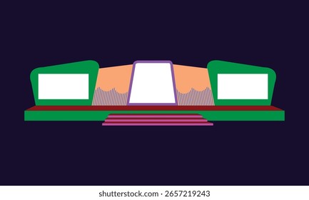 Uma configuração de estágio 2d limpa e funcional projetada para conferências de negócios e apresentações corporativas. Ele destaca alto-falantes, suporta conteúdo visual e mantém uma aparência nítida e profissional.