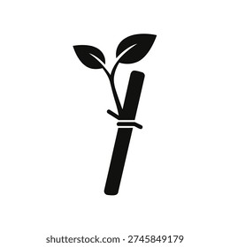 A clean and functional flat design vector illustration of a young sprout with two leaves securely tied to a support stake or bamboo pole. This icon represents plant training, garden maintenance, protection, and agricultural growth strategies.
