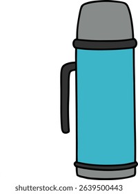 A clean and functional vector illustration of a blue thermos flask with a grey cap and black handle, designed to keep liquids hot or cold.