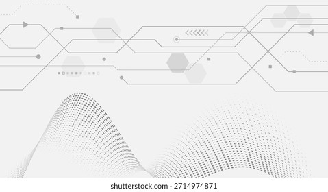 Um fundo futurista limpo com linhas de circuito finas, elementos hexagonais e ondas pontilhadas fluindo em tons de cinza suave, representando a tecnologia digital e o fluxo de dados.
