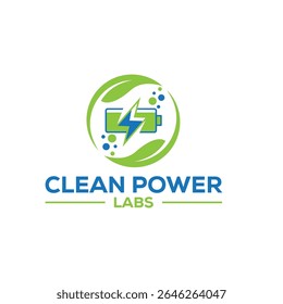 Design do logotipo Clean Power Labs limpo e futurista simbolizando inovação, energia renovável e sustentabilidade. Ideal para empresas de tecnologia limpa, laboratórios de pesquisa de energia e start-ups ecológicas.
