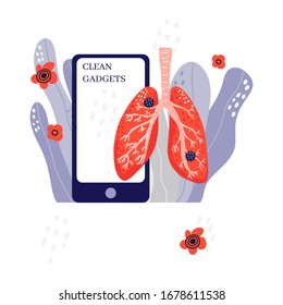 Clean gadgets concept. Lungs suffering with coronavirus disease. Cartoon hand drawn design. Medical illustration. 