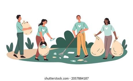 Clean up garbage concept. Young volunteers with rakes and garbage cans collect trash in park. Taking care of environment. Cartoon modern flat vector illustration isolated on white background