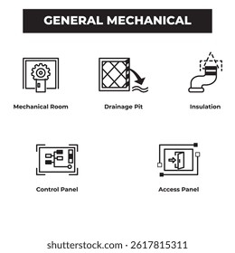 Clean general mechanical icons set for engineering, construction plans, and MEP design—ideal for diagrams, blueprints, and technical illustration use.