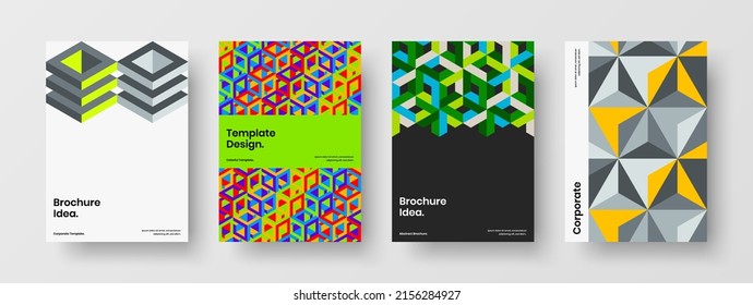 Clean geometric hexagons brochure concept bundle. Multicolored company identity A4 vector design layout set.