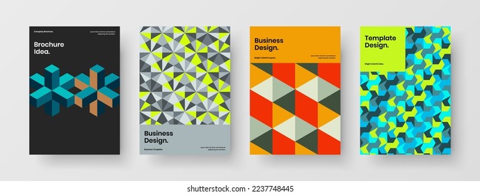 Clean geometric hexagons postcard illustration composition. Trendy corporate brochure A4 design vector template bundle.