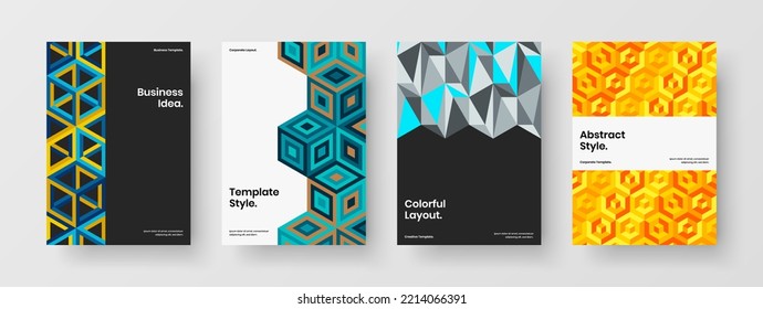 Clean geometric hexagons postcard template collection. Fresh catalog cover design vector concept set.