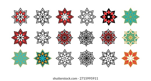 A clean geometric Islamic star rosette mandala pattern icon set featuring bold line art and red accent variations for decorative vector design.