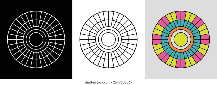 Clean geometric mandala with concentric rings and bright accents for modern decor.