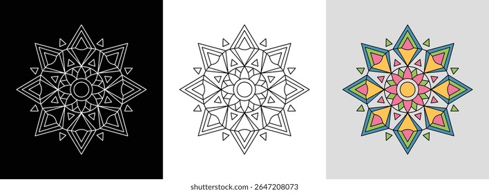 Clean geometric mandala with symmetrical diamonds and straight lines for sleek decor.
