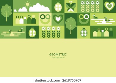 A clean geometric nature-themed background featuring abstract icons of trees, butterflies, flowers, people, and hearts with copy space for text. The design is eco-friendly and sustainable.